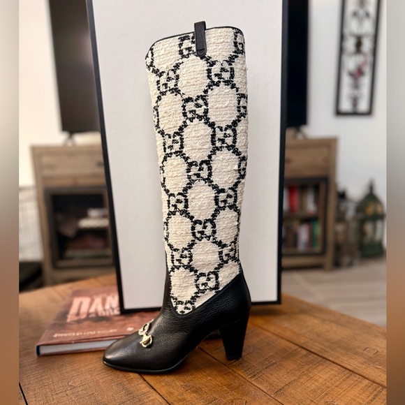 NWT GUCCI Zumi GG Monogram Tweed and Leather Knee-High Boots - Picture 2 of 10